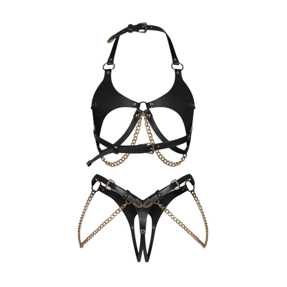 Ensemble ouvert Anyya noir 2 pièces en simili cuir avec chaînes dorées, détail ceintures réglables - Oh My God'Z
