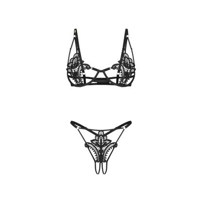 Ensemble Luise Sublim noir a plat : soutien-gorge a armatures en dentelle et string ouvert ajoure - Oh My God'Z