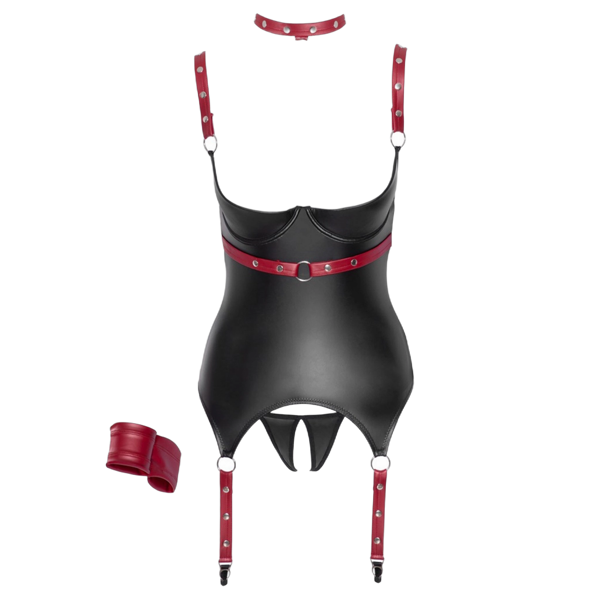 Détails de l'ensemble porte-jarretelles Cottelli Bondage : guêpière, string ouvert, collier, menotte et accessoires rouges

