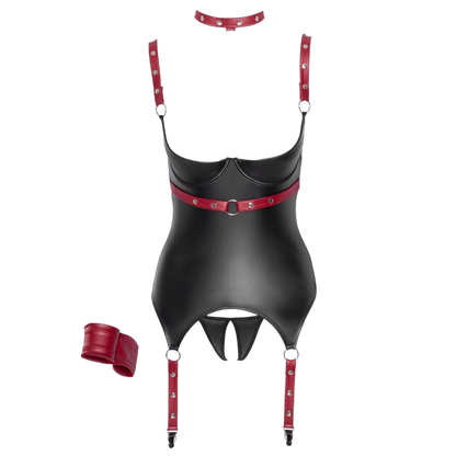 Détails de l'ensemble porte-jarretelles Cottelli Bondage : guêpière, string ouvert, collier, menotte et accessoires rouges
