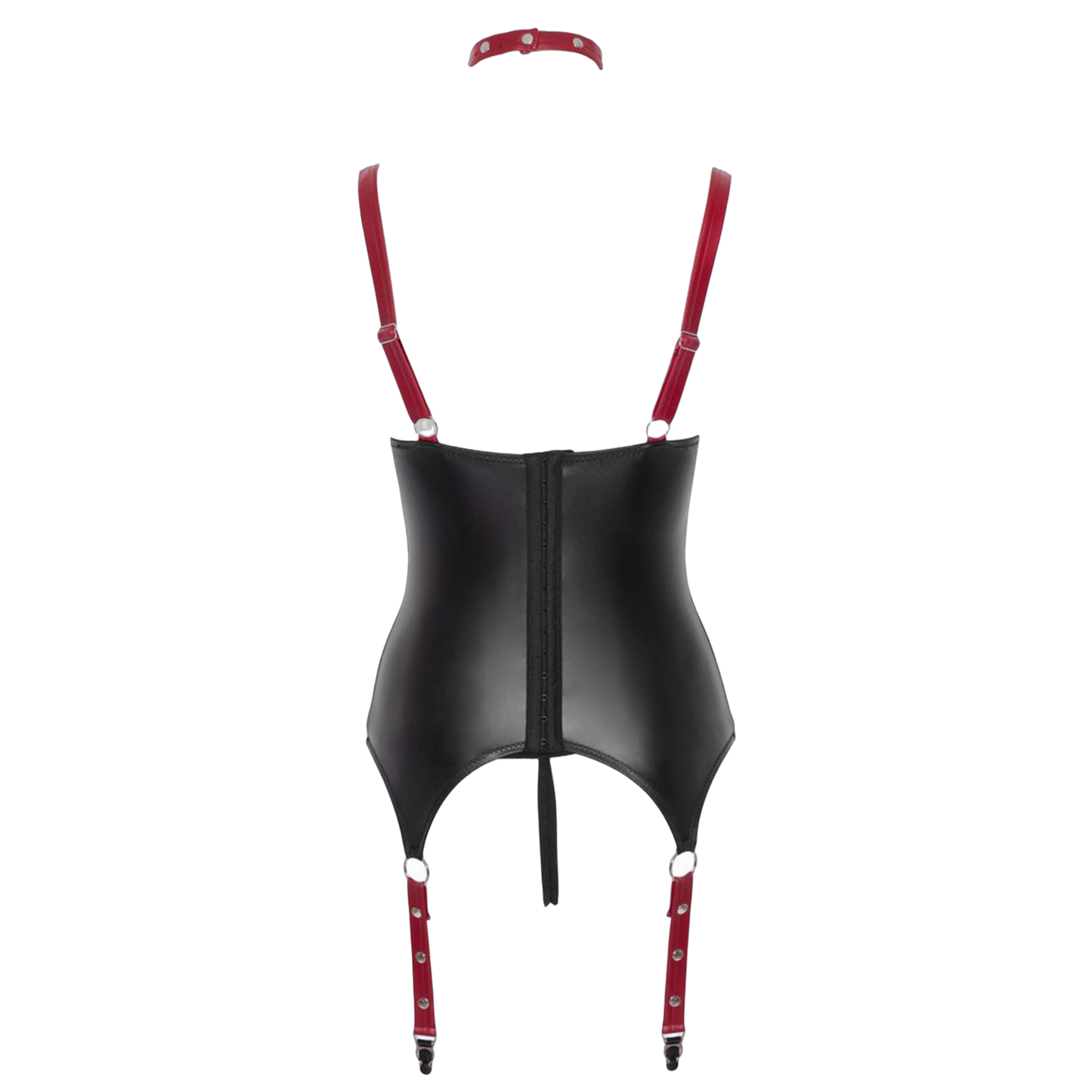 Vue dos de la guêpière seins nus Cottelli Bondage avec bretelles rouges réglables et fermeture à crochets dorsale
