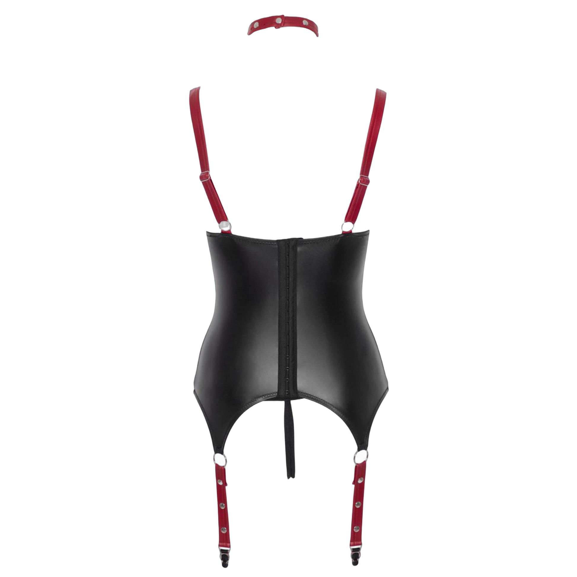 Vue dos de la guêpière seins nus Cottelli Bondage avec bretelles rouges réglables et fermeture à crochets dorsale
