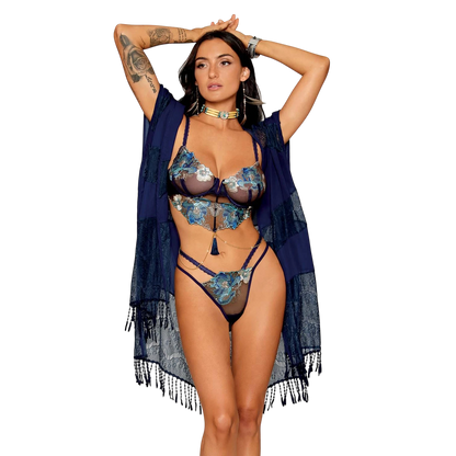 Ensemble lingerie bleu marine avec kimono assorti, soutien-gorge brodé turquoise et string à lanières - Oh My God'Z