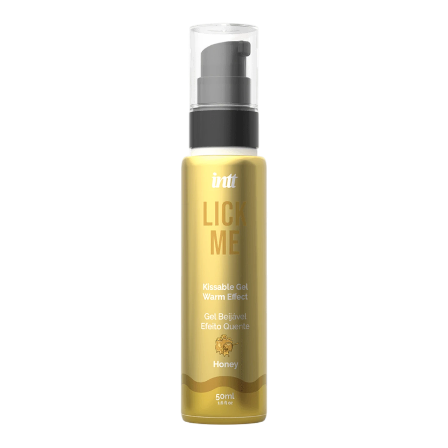 Flacon pompe gel embrassable effet chaud saveur miel Lick Me jaune doré 50ml fond blanc - Oh My God'Z