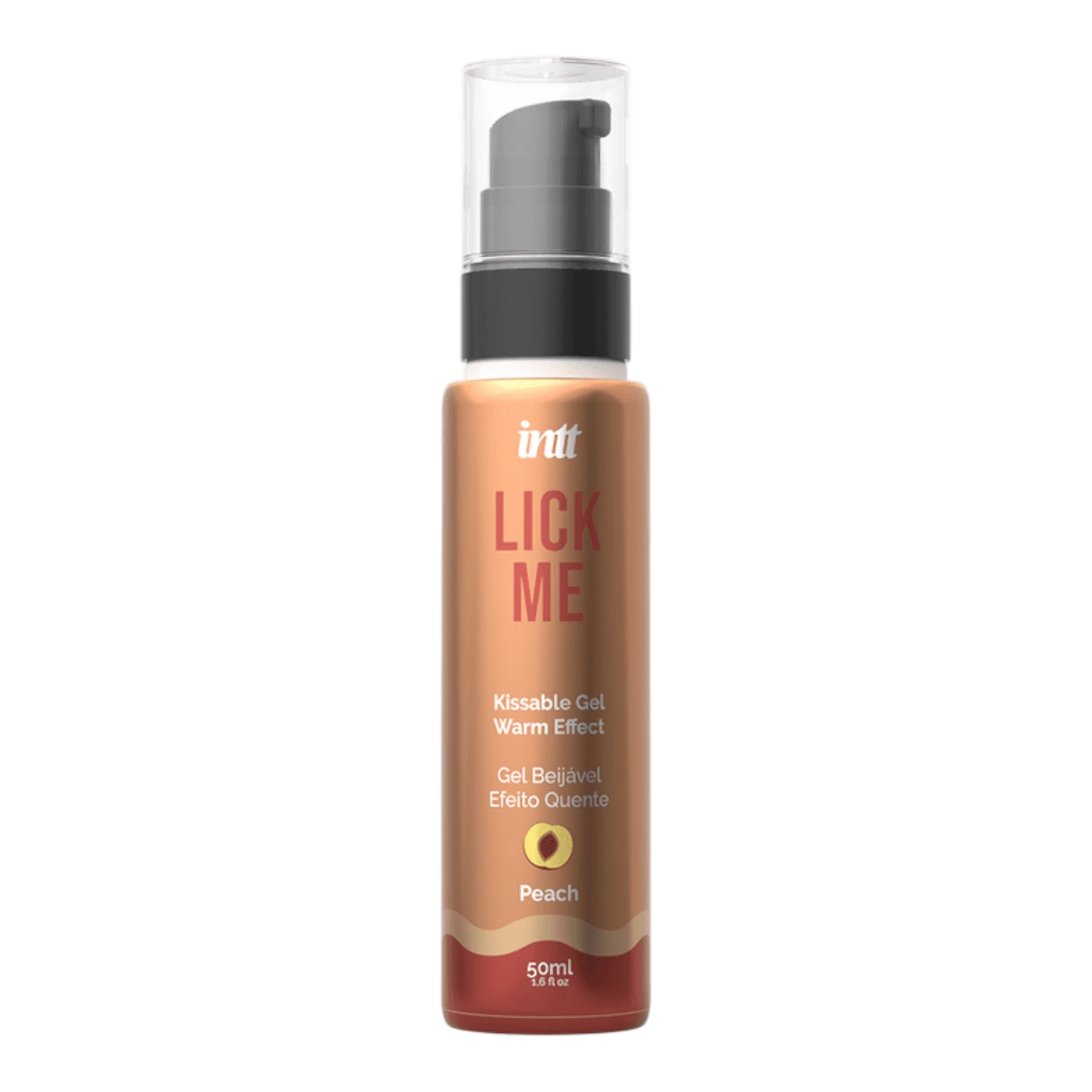 Flacon pompe gel chauffant Lick Me saveur pêche INTT 50ml orange sur fond blanc - Oh My God'Z