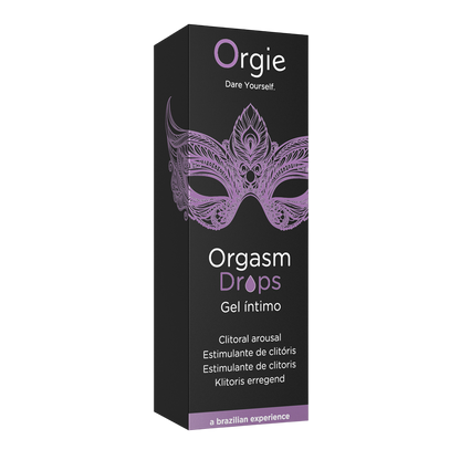 Flacon Gel Excitant Clitoris Orgasm Drops 30ml avec masque vénitien violet sur emballage noir Orgie - Oh My God'Z