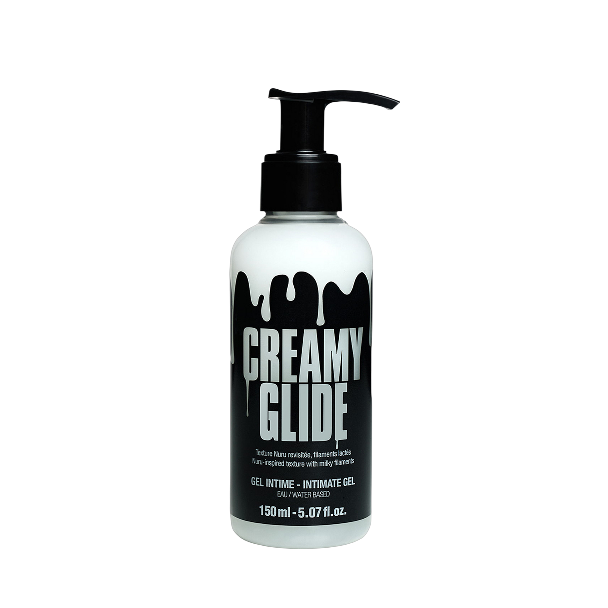 Gel intime Creamy Glide coulant en filaments lactés sur jambe en collant noir - Oh My God'Z

