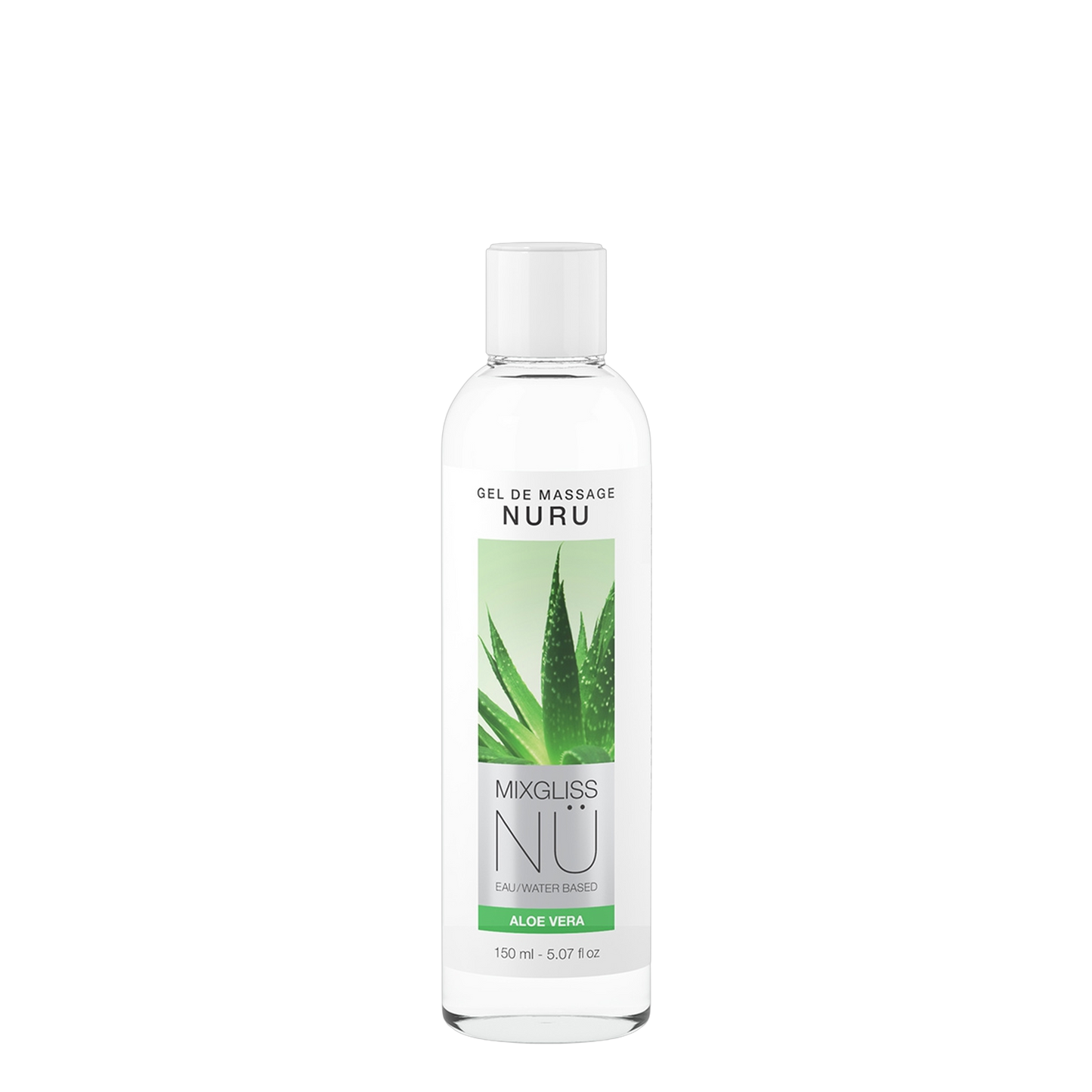 Gel de massage Nuru Aloe Vera Mixgliss 150ml, flacon transparent avec image d'aloe vera - Oh My God'Z