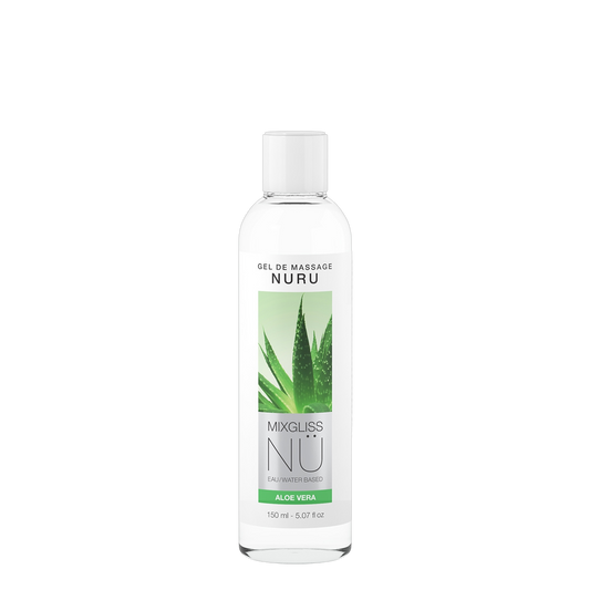 Gel de massage Nuru Aloe Vera Mixgliss 150ml, flacon transparent avec image d'aloe vera - Oh My God'Z