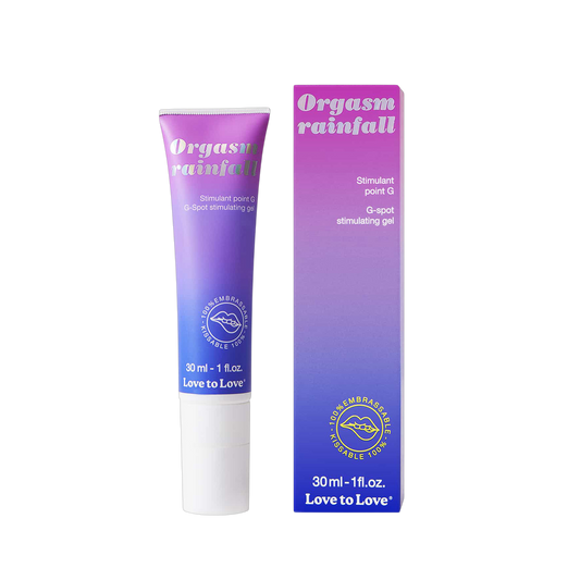 Tube gel stimulant Orgasm Rainfall 30ml Love To Love et son emballage dégradé rose violet - Oh My God'Z