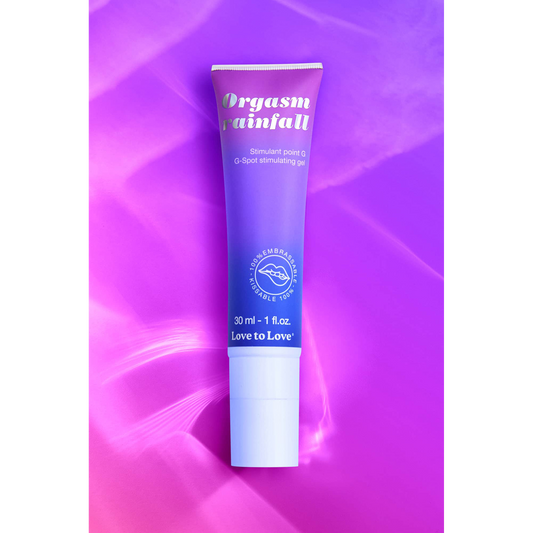 Gel stimulant point G Orgasm Rainfall Love To Love emballage dégradé rose bleu sur fond violet - Oh My God'Z