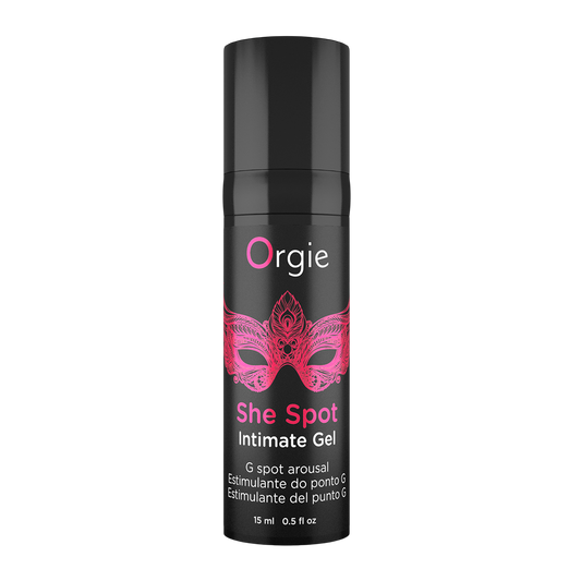 Flacon airless noir Gel She Spot Orgie 15ml avec masque rose et pictogrammes sensations - Oh My God'Z