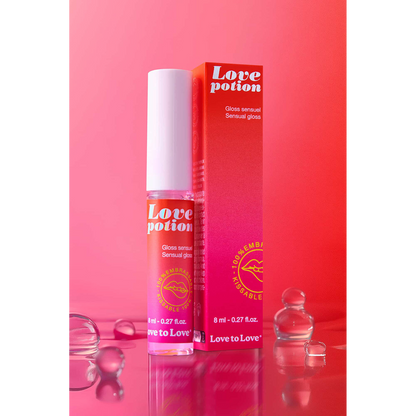 Flacon roll-on du gloss Love Potion et packaging rouge-rose avec illustration lèvres dorées - Oh My God'Z
