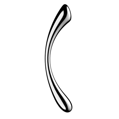 Gode double face en acier inoxydable argenté avec extrémité aplatie et arrondie sur fond blanc - Oh My God'Z