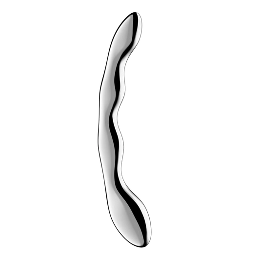 Gode en acier inoxydable Cosmic Crest 2 avec forme ondulée argentée sur fond blanc - Oh My God'Z