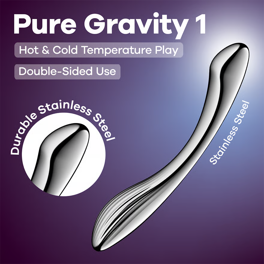 Gode double en acier inoxydable argenté Pure Gravity 1 sur fond dégradé violet - Oh My God'Z