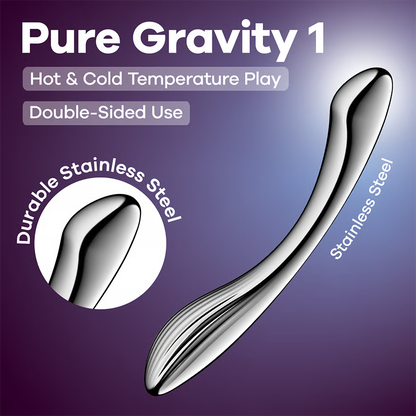Gode double en acier inoxydable argenté Pure Gravity 1 sur fond dégradé violet - Oh My God'Z