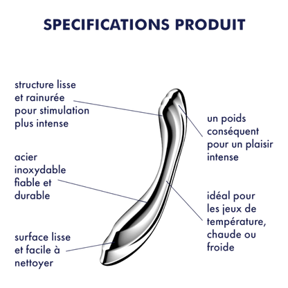 Schéma technique gode acier inoxydable Pure Gravity 2 avec annotations des caractéristiques - Oh My God'Z