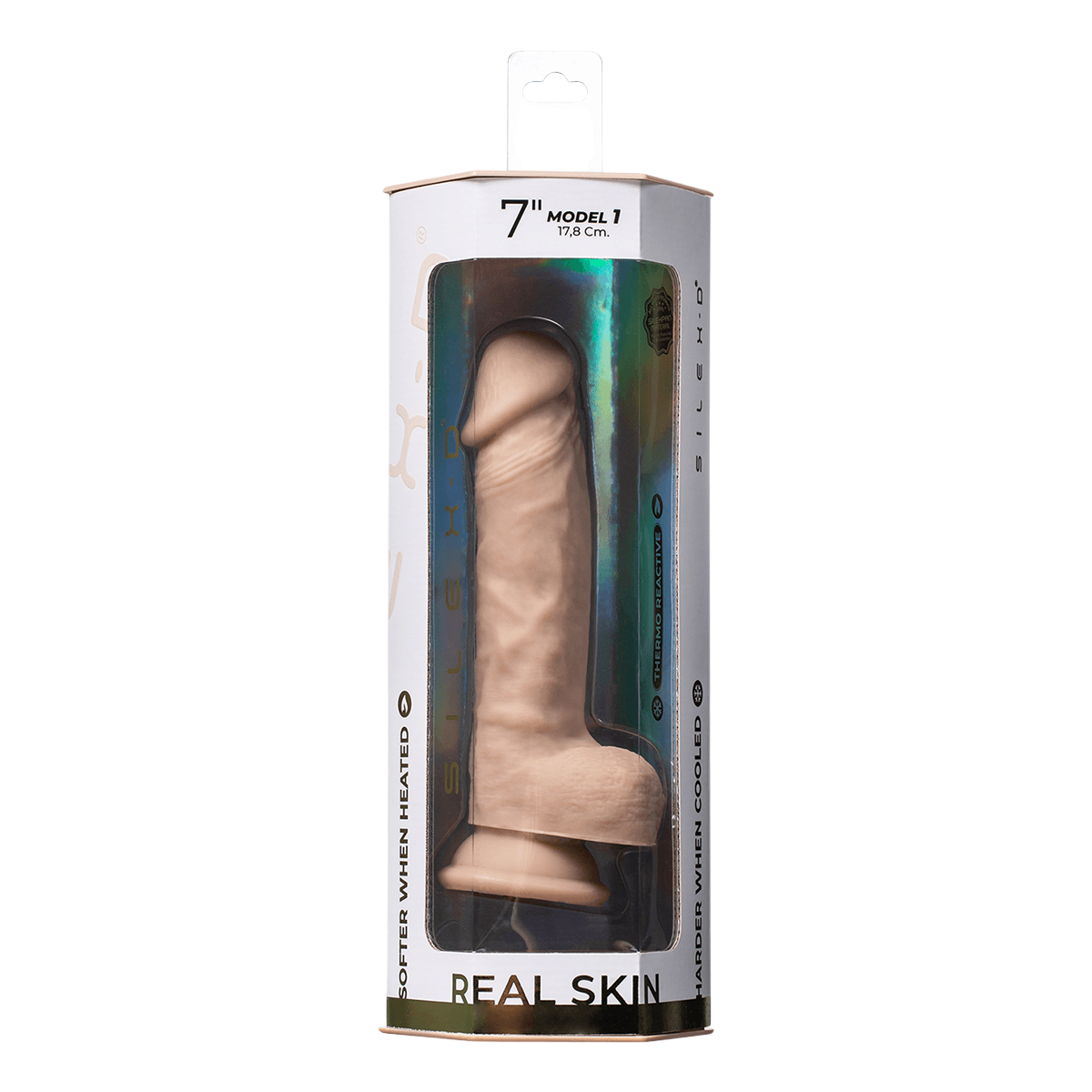 Boite du gode realiste SilexD Real Skin Model 1, 7 pouces 17,8 cm, silicone couleur chair thermoreactif - Oh My God'Z
