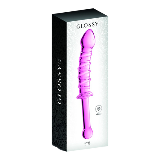 Packaging Glossy n°16 avec gode en verre rose strié, boîte noire et blanche ultra-résistant - Oh My God'Z