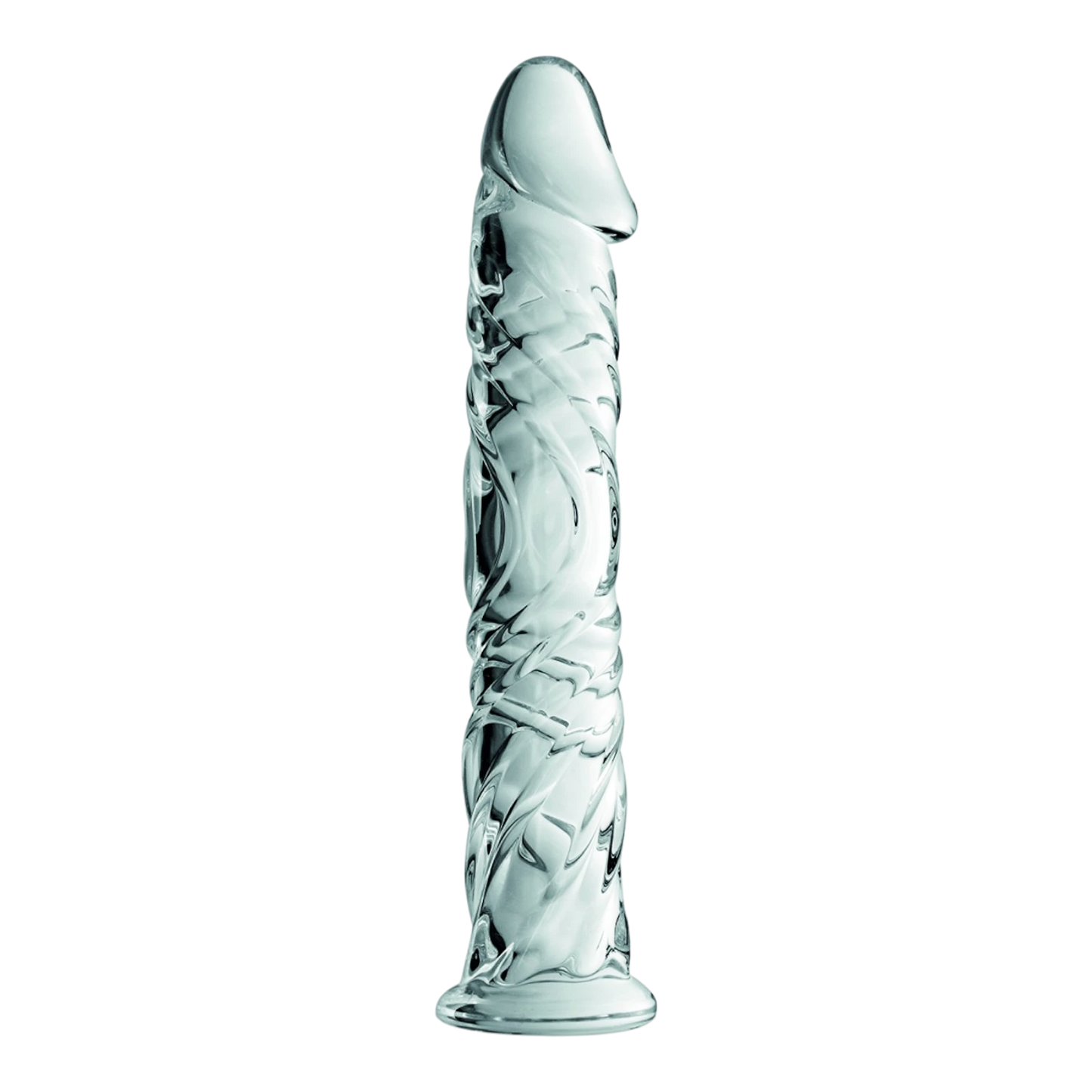 Gode en verre transparent Glossy n°4 avec relief veines et gland réaliste sur fond blanc - Oh My God'Z