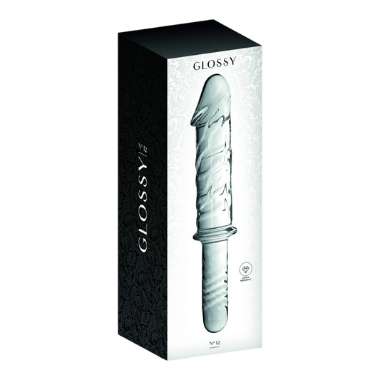 Packaging noir et blanc du gode en verre transparent Glossy n°12 avec fenêtre de présentation - Oh My God'Z