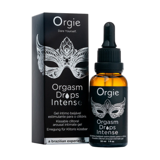 Gel intensificateur clitoridien Orgasm Drops Intense Orgie, flacon 30ml et packaging noir avec masque vénitien - Oh My God'Z
