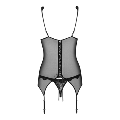 Guêpière noire détail dos avec laçage transparent en maille et jarretières, vue à plat - Oh My God'Z