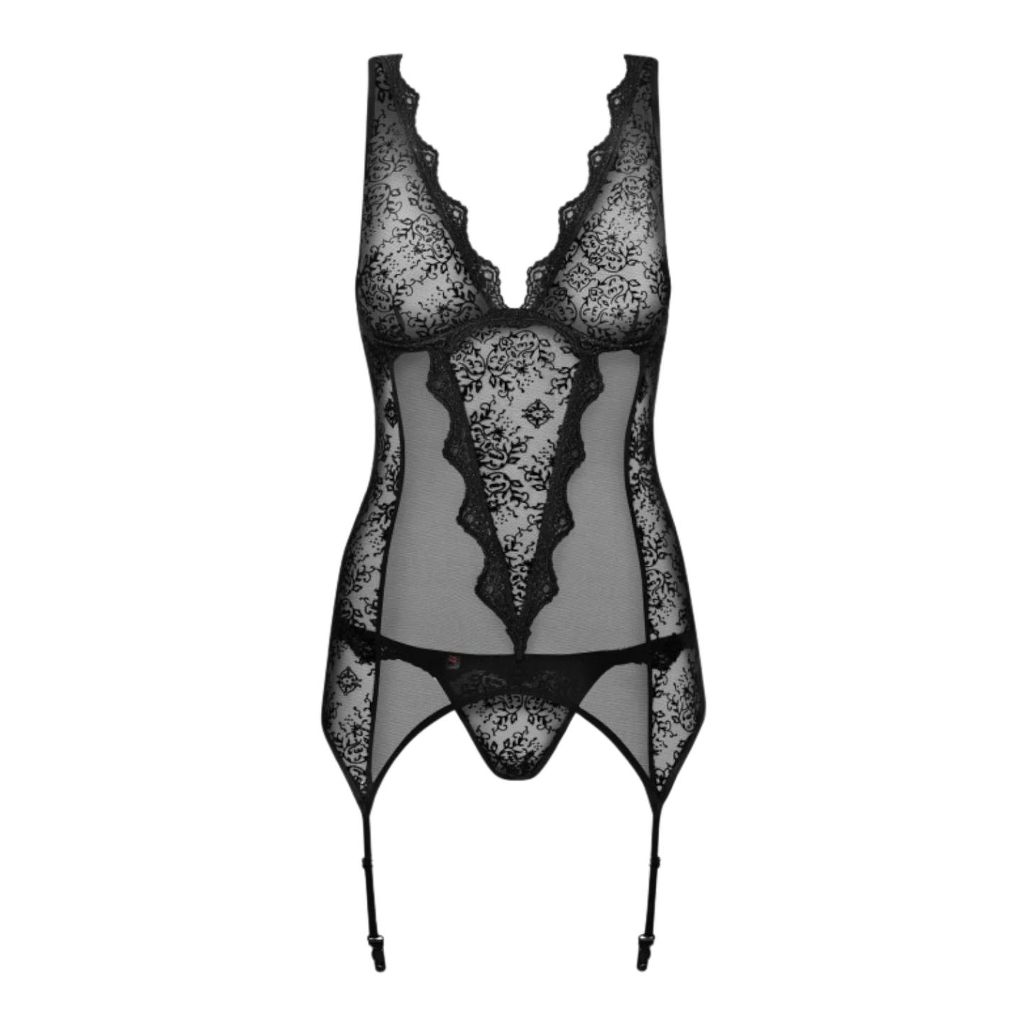 Guêpière noire avec dentelle florale et string coordonné, vue frontale à plat détaillée - Oh My God'Z