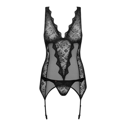 Guêpière noire avec dentelle florale et string coordonné, vue frontale à plat détaillée - Oh My God'Z