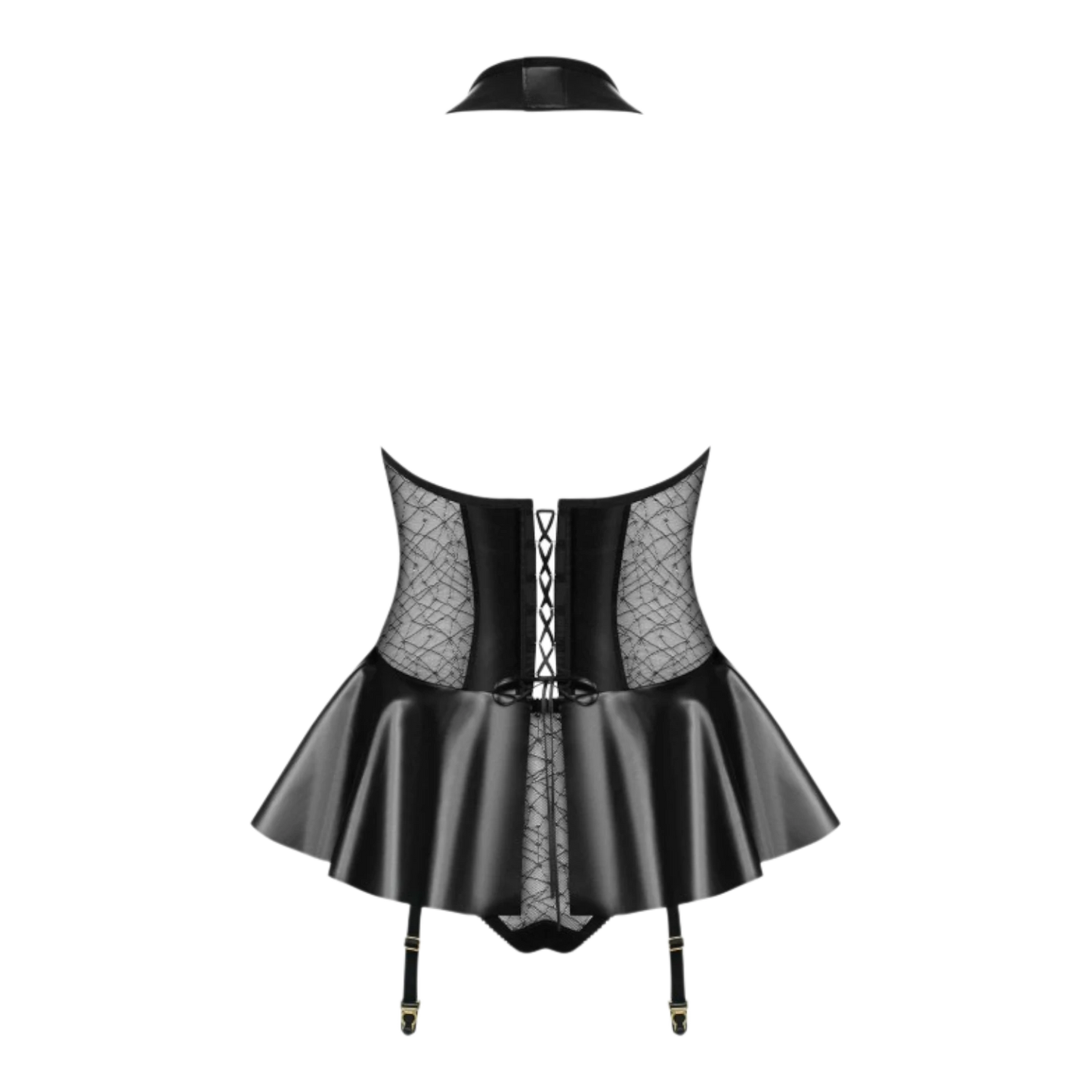 Vue détail dos guêpière noire laçage corset blanc, jupe similicuir plissée et jarretelles noires - Oh My God'Z