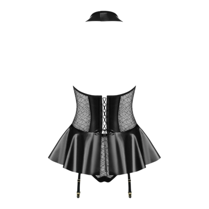 Vue détail dos guêpière noire laçage corset blanc, jupe similicuir plissée et jarretelles noires - Oh My God'Z