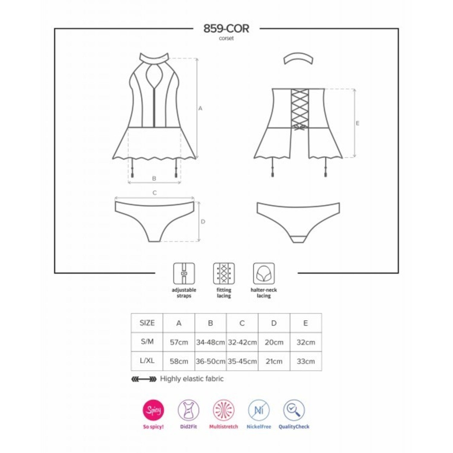 Guide des tailles guêpière 859-COR avec tableau mesures S/M et L/XL, culotte et col inclus - Oh My God'Z