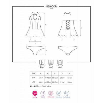 Guide des tailles guêpière 859-COR avec tableau mesures S/M et L/XL, culotte et col inclus - Oh My God'Z