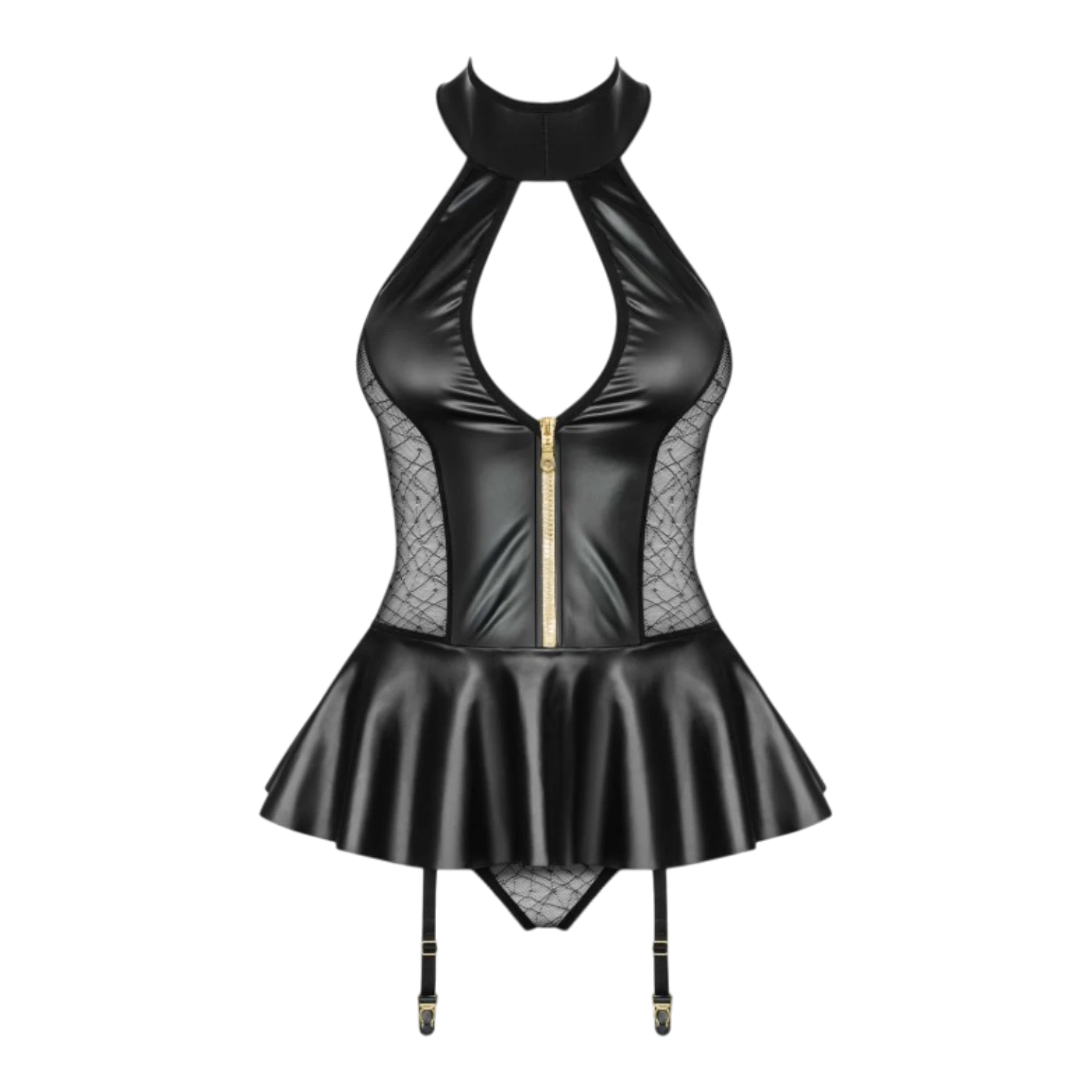 Détail produit guêpière noire à zip frontal doré, maille motifs géométriques et jupe similicuir - Oh My God'Z