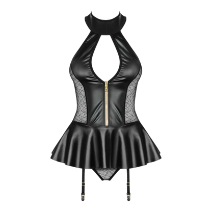 Détail produit guêpière noire à zip frontal doré, maille motifs géométriques et jupe similicuir - Oh My God'Z