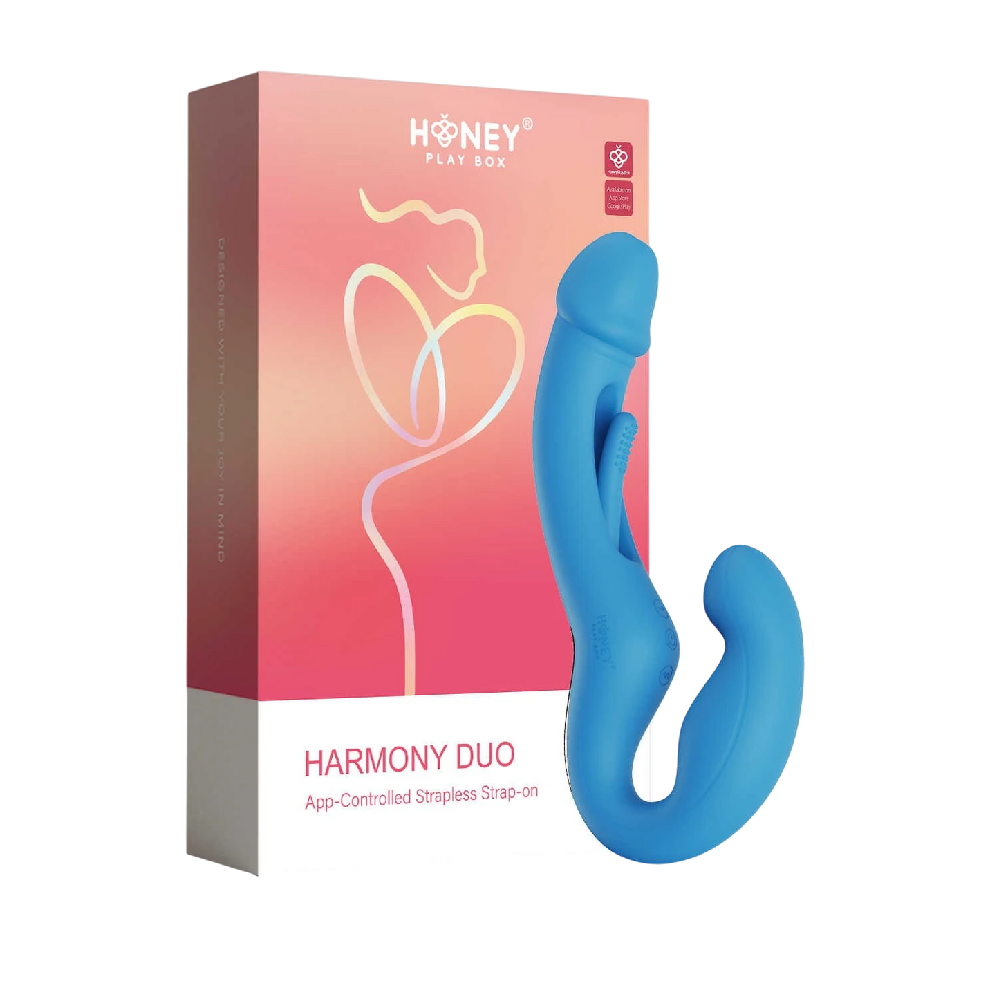 Harmony Duo strap-on vibrant bleu avec packaging rose gradient, contrôlé par application - Oh My God'Z