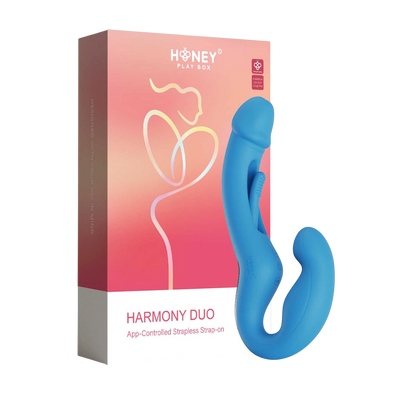 Harmony Duo strap-on vibrant bleu avec packaging rose gradient, contrôlé par application - Oh My God'Z