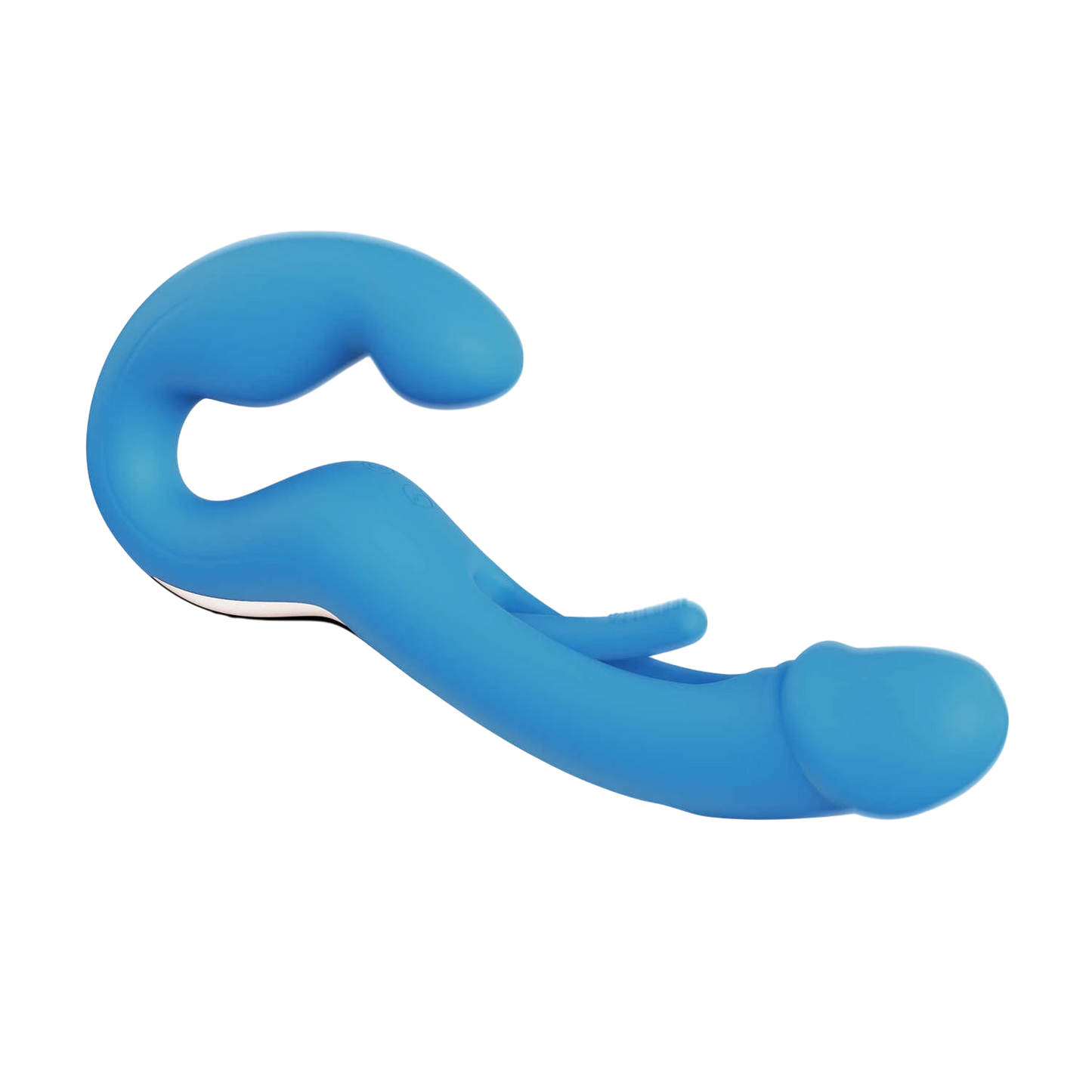 Vue latérale du strap-on vibrant double Harmony Duo bleu en silicone avec fonction tapotage - Oh My God'Z