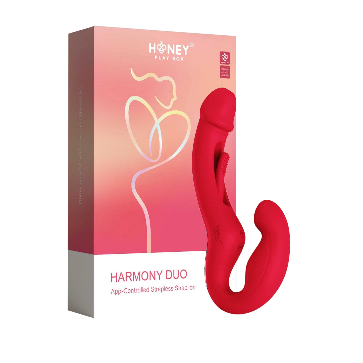 Harmony Duo strap-on vibrant rouge avec emballage rose Honey Play Box et deux parties - Oh My God'Z
