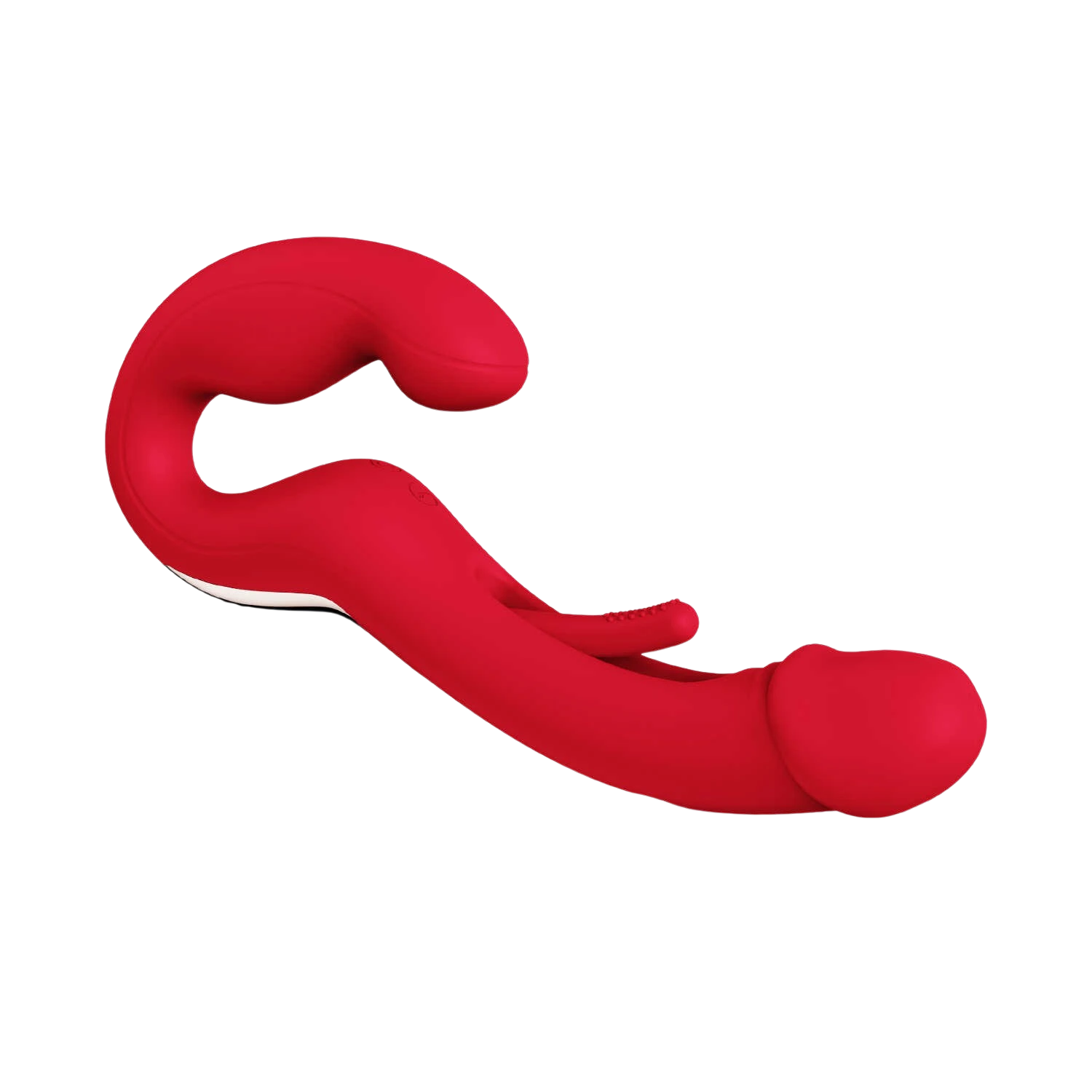 Vue profil Harmony Duo strap-on vibrant rouge en silicone avec double extrémité ergonomique - Oh My God'Z