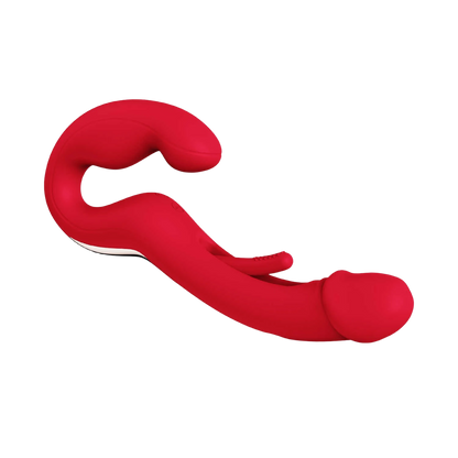 Vue profil Harmony Duo strap-on vibrant rouge en silicone avec double extrémité ergonomique - Oh My God'Z