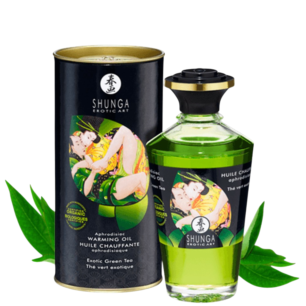 Huile chauffante bio comestible Shunga vert the vert, flacon 100ml et boite noire, feuilles vertes - Oh My God'Z