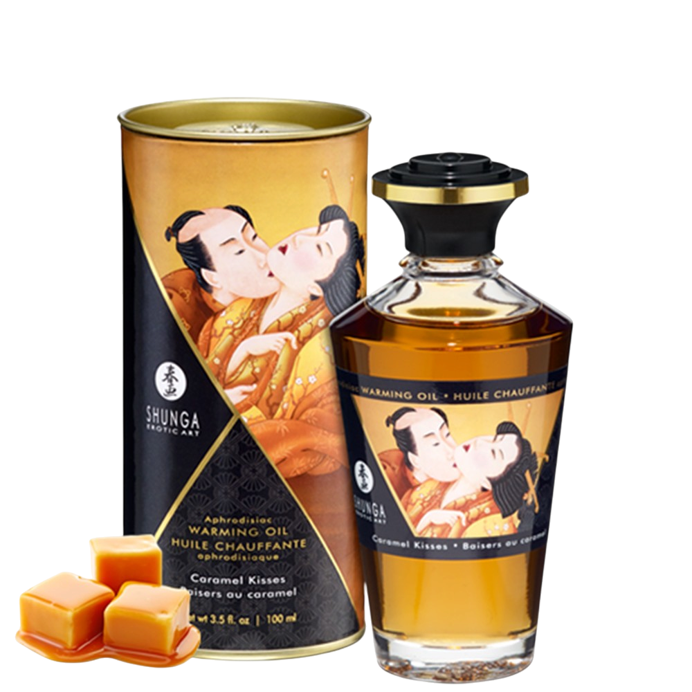 Huile chauffante comestible Shunga caramel 100ml, flacon verre ambre et boite illustree avec caramels - Oh My God'Z