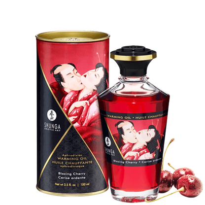 Huile chauffante comestible Shunga cerise 100ml, flacon verre rouge et boite cylindrique avec cerises - Oh My God'Z