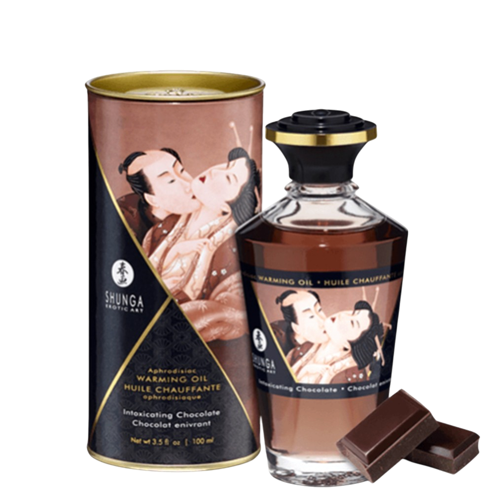 Huile chauffante comestible Shunga chocolat 100 ml, flacon verre brun et boite cylindrique avec carres de chocolat - Oh My God'Z