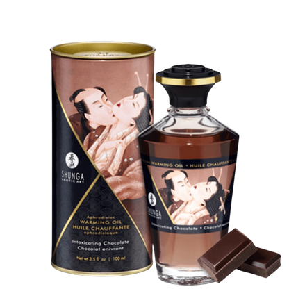 Huile chauffante comestible Shunga chocolat 100 ml, flacon verre brun et boite cylindrique avec carres de chocolat - Oh My God'Z