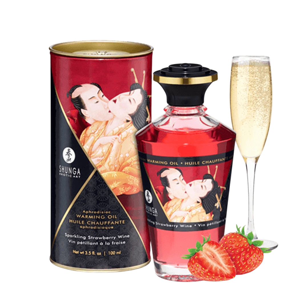 Huile chauffante comestible Shunga fraise vin petillant 100 ml, flacon rouge, coffret et coupe de champagne - Oh My God'Z