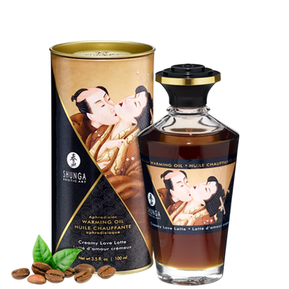 Huile chauffante comestible Shunga latte d'amour 100ml, flacon verre brun, boite et grains de cafe - Oh My God'Z