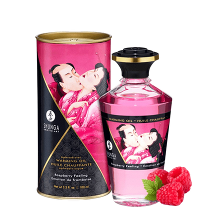 Huile chauffante comestible Shunga framboise 100 ml, flacon verre rose, boite cylindrique et fruits - Oh My God'Z